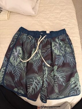 Fair Harbor Men's Navy Swim Shorts with Green Tropical Print